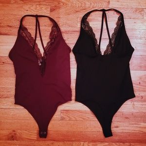 SET: 2 bodysuits, deep V front, strappy open back
